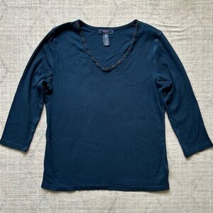 Chaps Navy V‑Neck Long Sleeve Top with Braided Trim